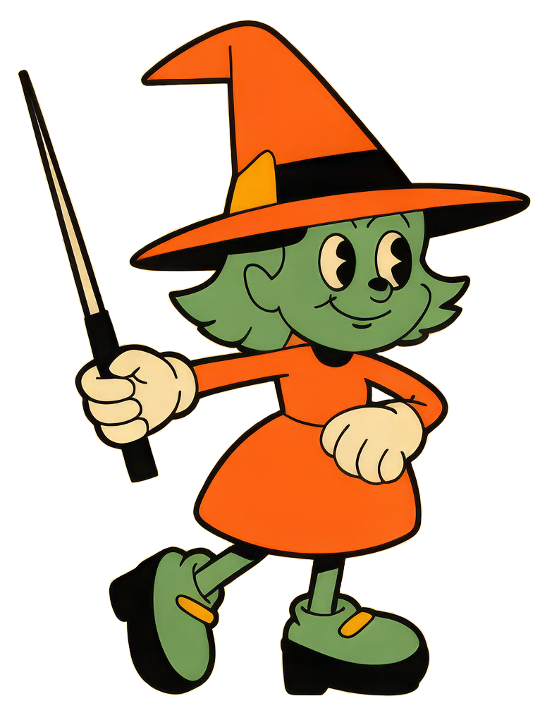 a cartoon witch with a wand